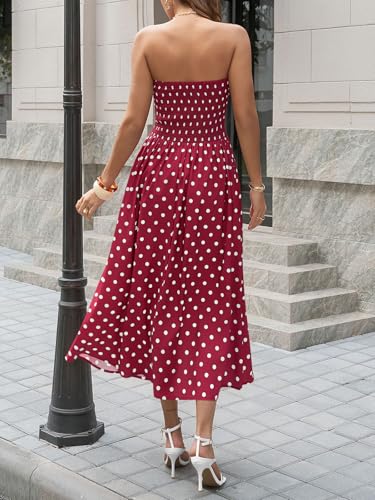 Wenrine Womens Polka Dot Strapless Dress Summer Smocked Tube Top Casual Sleeveless Long Flowy Maxi Dresses with Pokets - Image 3
