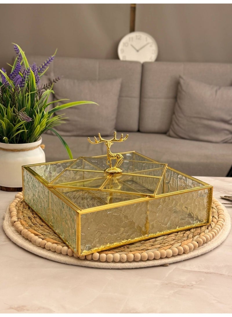 جديد🌸  بوكس تسالى زجاج x معدن جولد مربع منتج مستورد مقسم ٤ خانه مقاس : 30 cm - Image 2