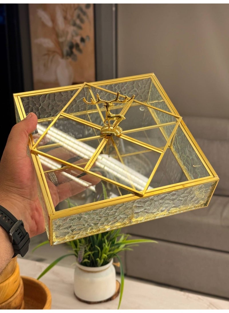 جديد🌸  بوكس تسالى زجاج x معدن جولد مربع منتج مستورد مقسم ٤ خانه مقاس : 30 cm - Image 4