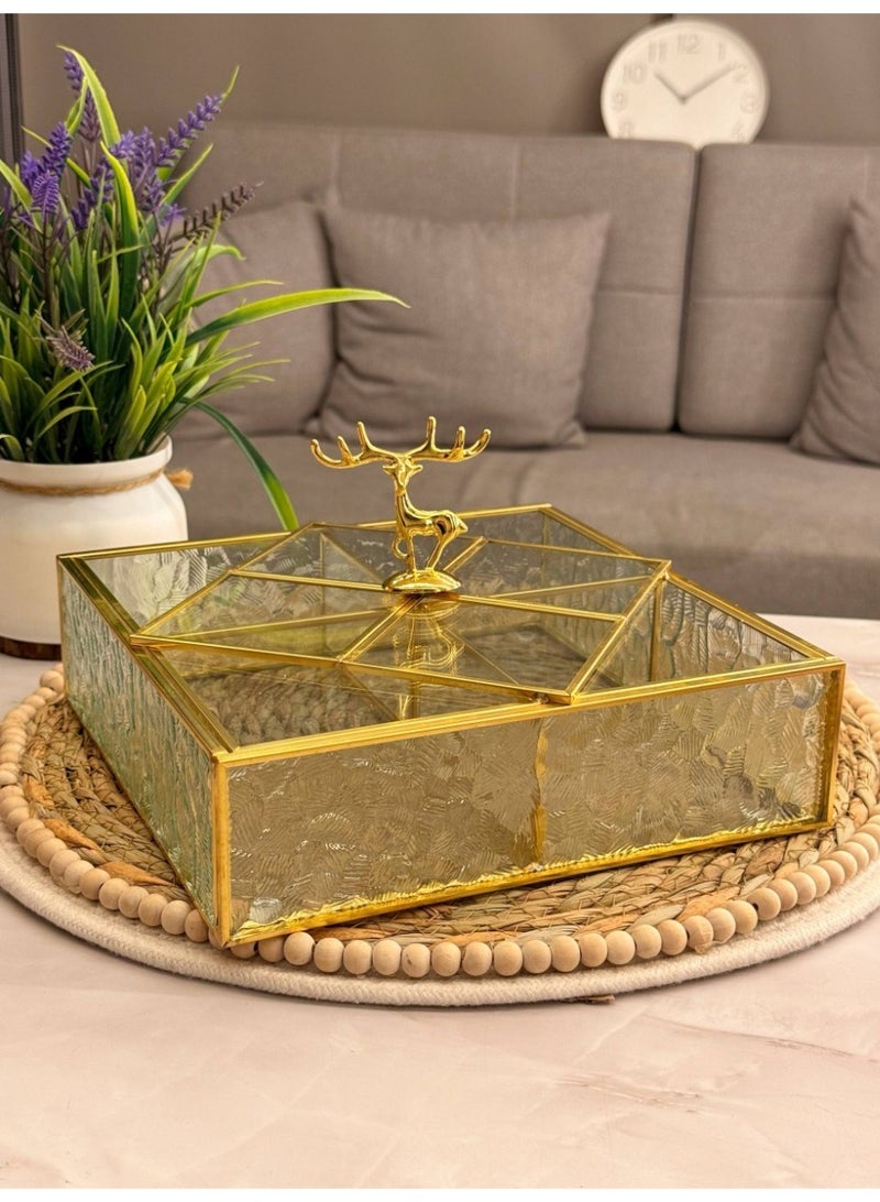 جديد🌸  بوكس تسالى زجاج x معدن جولد مربع منتج مستورد مقسم ٤ خانه مقاس : 30 cm - Image 1