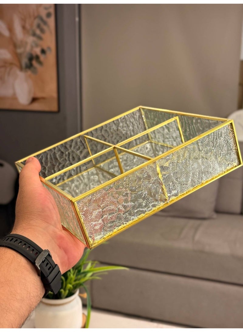 جديد🌸  بوكس تسالى زجاج x معدن جولد مربع منتج مستورد مقسم ٤ خانه مقاس : 30 cm - Image 5
