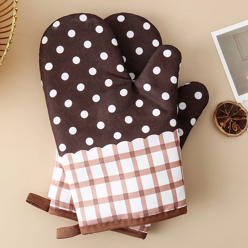 Pastoral Style Thickened Heat Insulation Gloves Oven Baking Polyester Cotton Wear-resistant Microwave Gloves Kitchen Anti-scalding Gloves in Stock Coffee dots Coffee dots