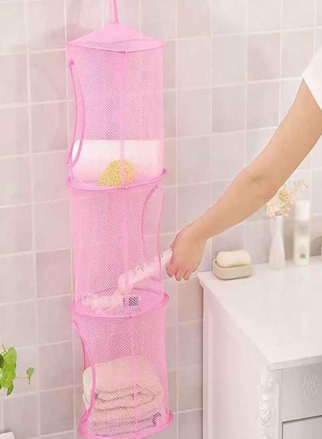 جي شلو GSHLLO 2 قطعة من شبكة تخزين الألعاب المعلقة المكونة من 3 أقسام، شبكة حيوانات محشوة، أرجوحة، سلال تنظيم قابلة للطي، حقيبة تنظيم للغرفة والحمام والخزانة باللون الوردي - Image 3