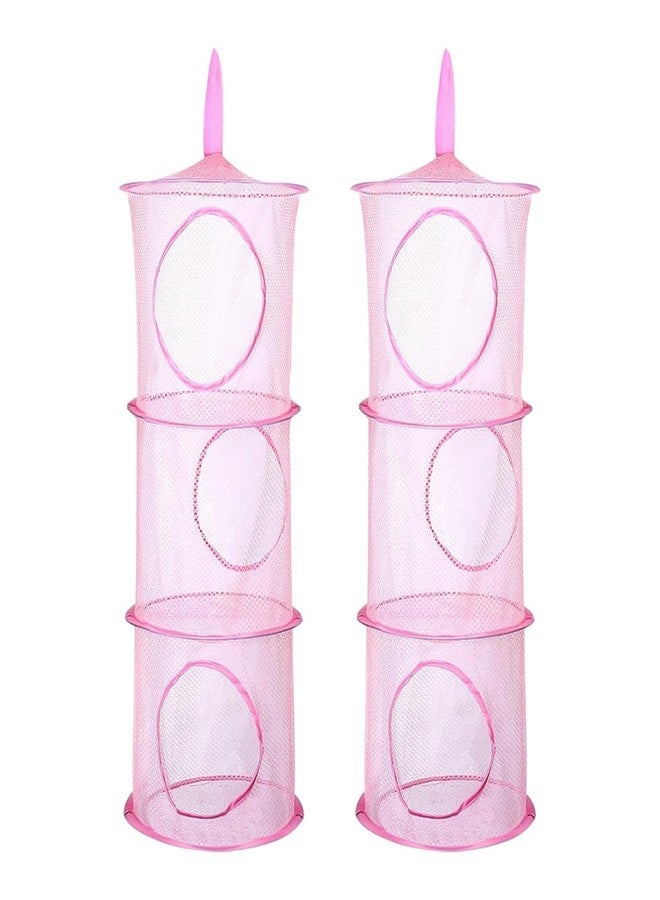 جي شلو GSHLLO 2 قطعة من شبكة تخزين الألعاب المعلقة المكونة من 3 أقسام، شبكة حيوانات محشوة، أرجوحة، سلال تنظيم قابلة للطي، حقيبة تنظيم للغرفة والحمام والخزانة باللون الوردي - Image 1