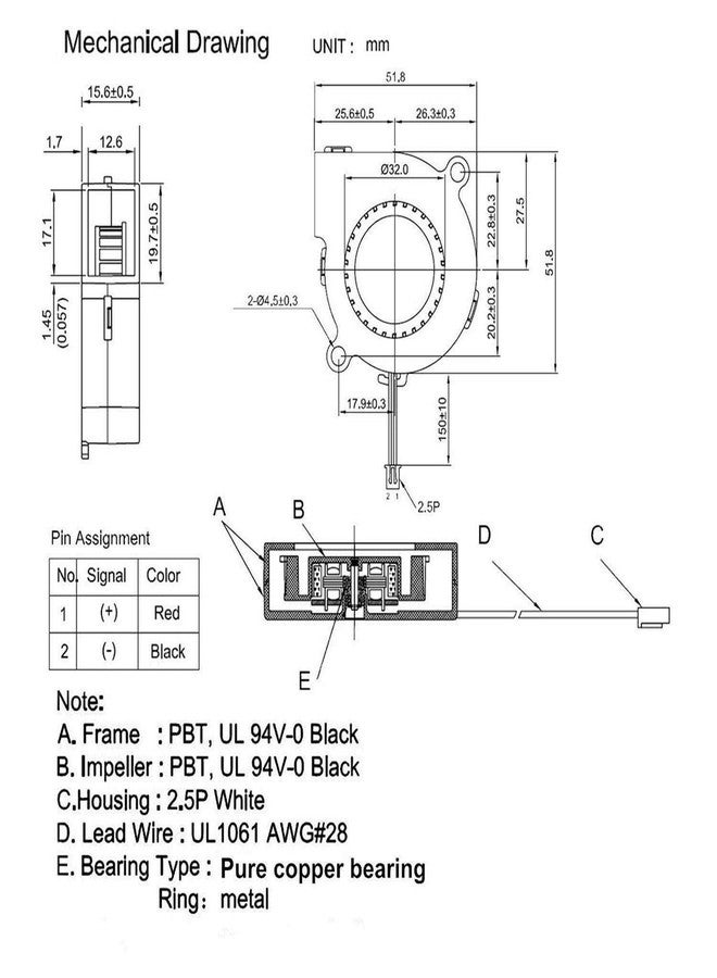 رولينج مروحة تبريد RuiLing 5015 DC 12V 0.18A، عبوة من 4 قطع، بسرعة 6000 دورة في الدقيقة، مروحة تبريد صناعية توربينية لملحقات طابعات ثلاثية الأبعاد، مراوح تبريد بلاستيكية سوداء صغيرة، 50 × 50 × 15 مم - Image 5