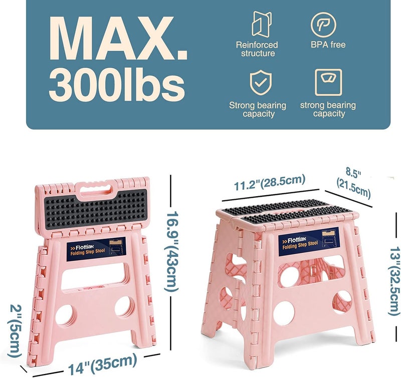 Flottian 13" Folding Step Stool for Adults and Kids Holds Up to 300 lbs ,Non-Slip Folding Stools with Handle, Compact Plastic Foldable Step Stool for Bathroom,Bedroom, Kitchen,Sakura Pink - Image 2