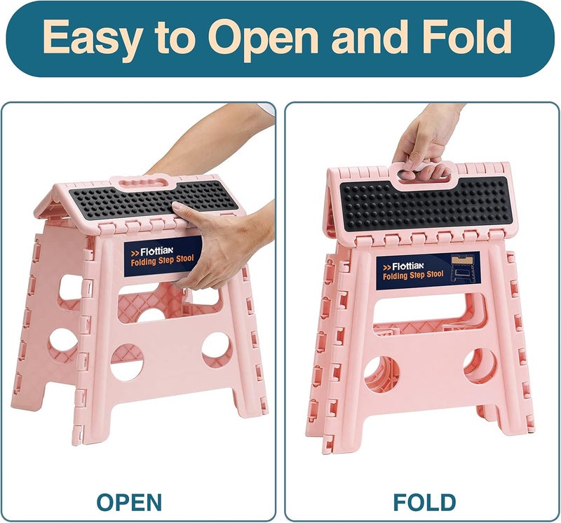 Flottian 13" Folding Step Stool for Adults and Kids Holds Up to 300 lbs ,Non-Slip Folding Stools with Handle, Compact Plastic Foldable Step Stool for Bathroom,Bedroom, Kitchen,Sakura Pink - Image 3