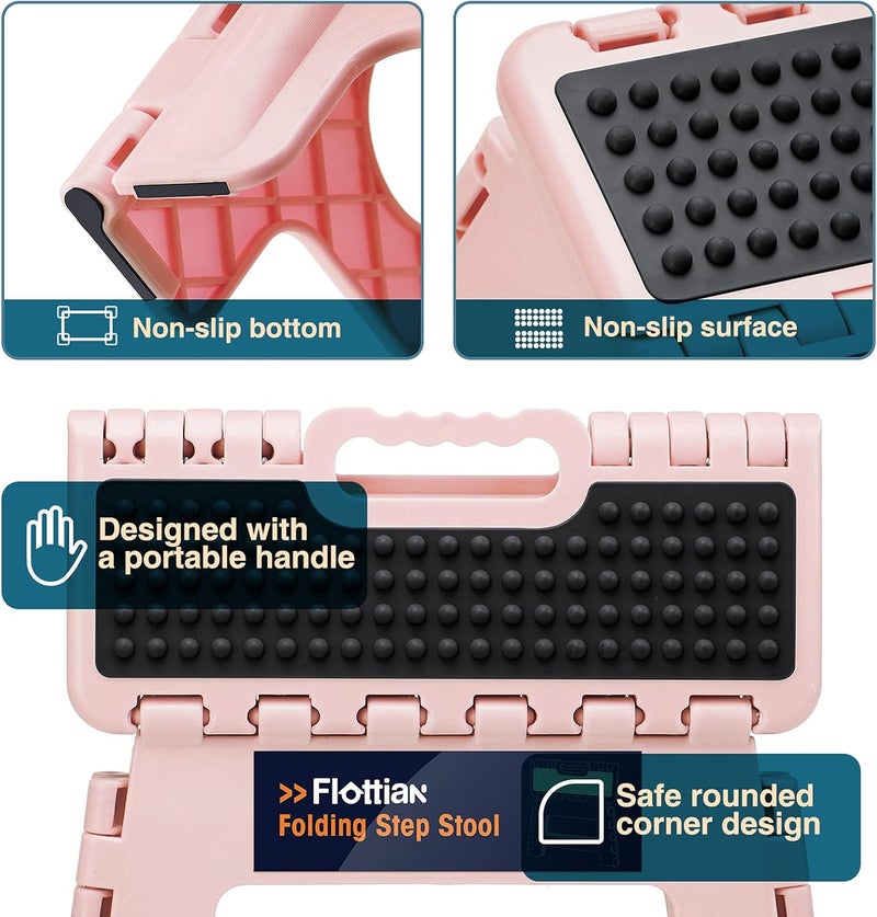 Flottian 13" Folding Step Stool for Adults and Kids Holds Up to 300 lbs ,Non-Slip Folding Stools with Handle, Compact Plastic Foldable Step Stool for Bathroom,Bedroom, Kitchen,Sakura Pink - Image 4