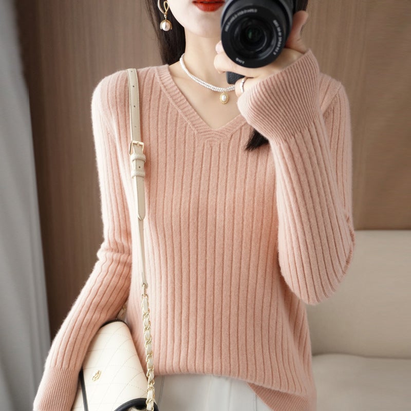 New V-neck sweater womens drawable pullover solid color slim casual fashion simple soft waxy inner long sleeve base Lotus root powder 