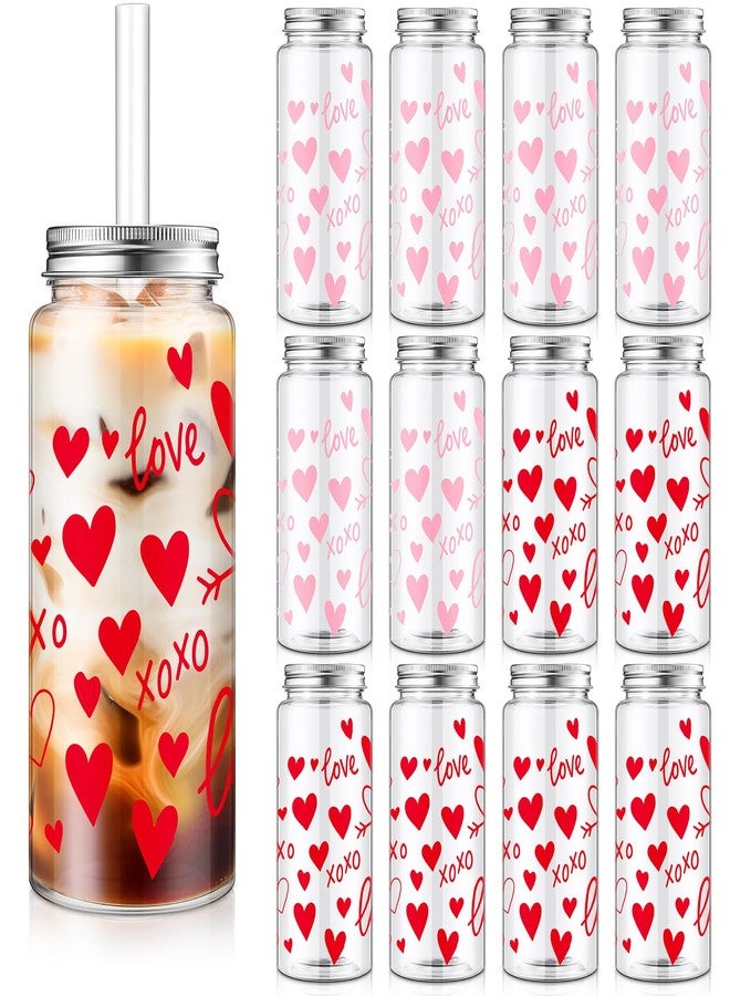 Vesici 12 Pack Valentine's Day Party Cups with Lid and Straw 13.5 oz Clear Reusable Plastic Tumblers Bulk Red Pink Heart Printed Design Cold Drink for Valentine's Day Party Birthday Supplies - Image 1