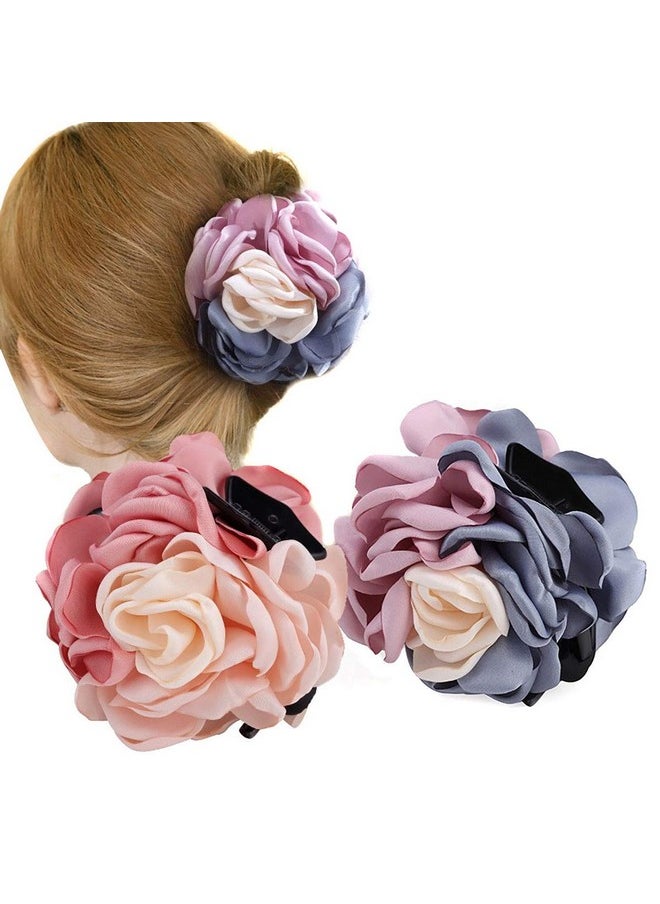 Fodattm 2Pcs Women Flower Hair Clips Hair Claw Elegant Beauty Ribbon Jaw Clip Headwear Hair Jewelry (Pink/Purple)  - Image 1