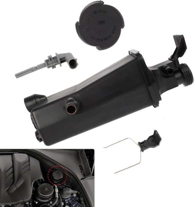 Radiator Coolant Recovery Expansion Overflow Tank Reservoir with Sensor, Cap, and Clip - Compatible with BMW E46 E83 E53 323i X3
