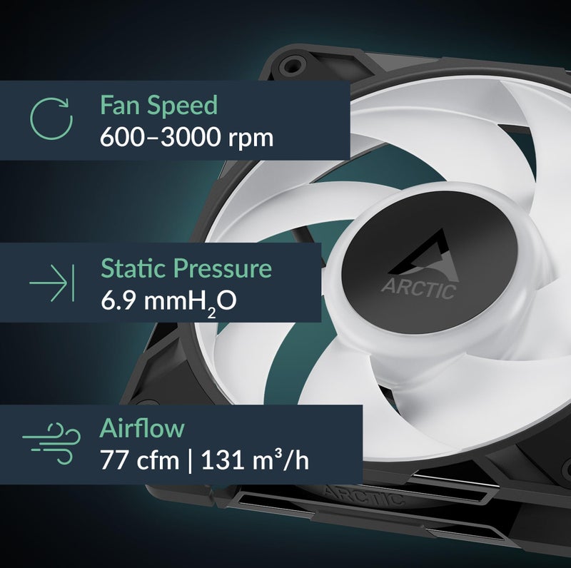 ARCTIC P12 Pro A-RGB - Powerful Premium Fan, 120 mm PWM Fan with Y-Cable Splitter, 600-3000 RPM, 0 RPM <5% PWM, 5V Digital RGB, Fluid Dynamic Bearing, 4-Pin - Black - Image 2