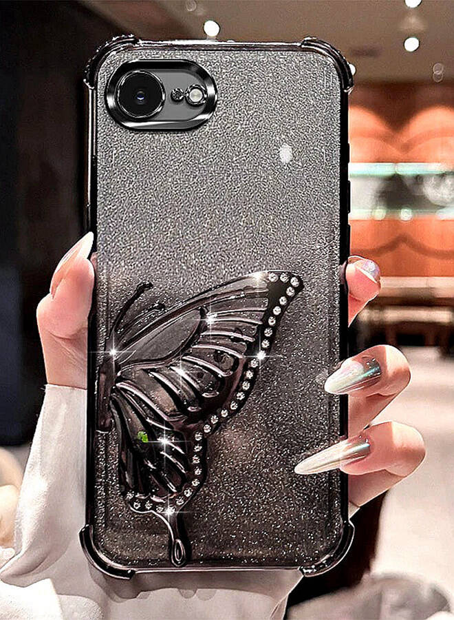 Glitter Case for iPhone 16e，Camera Lens Protector，Sparkly Butterfly Kickstand， Luxury Gradient Shockproof iPhone 16 e Cover for Women Girls Gift，Black - Image 1