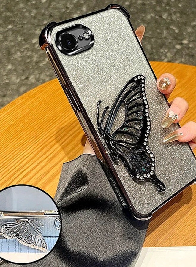 Glitter Case for iPhone 16e，Camera Lens Protector，Sparkly Butterfly Kickstand， Luxury Gradient Shockproof iPhone 16 e Cover for Women Girls Gift，Black - Image 2