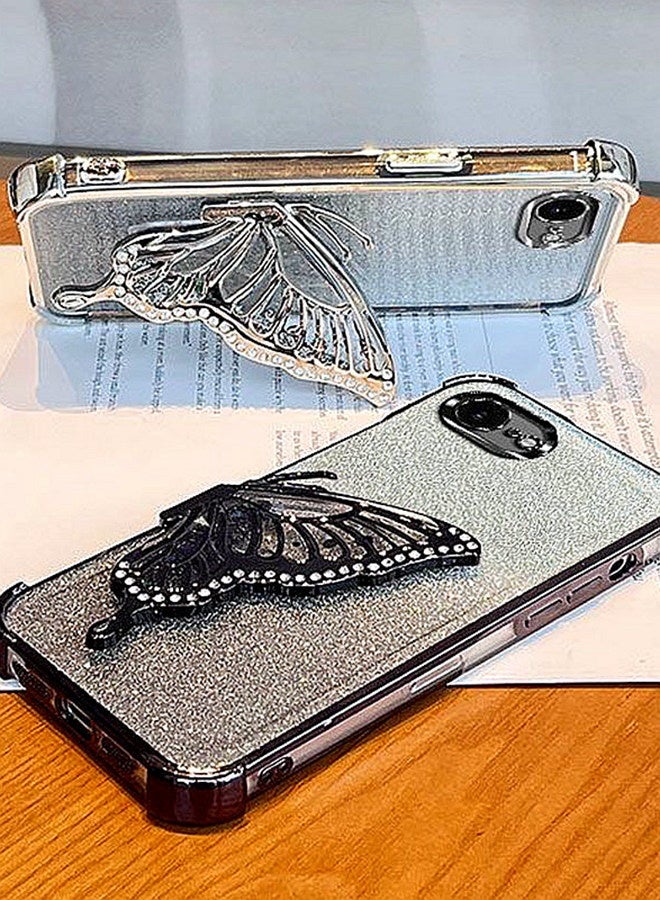 Glitter Case for iPhone 16e，Camera Lens Protector，Sparkly Butterfly Kickstand， Luxury Gradient Shockproof iPhone 16 e Cover for Women Girls Gift，Black - Image 3