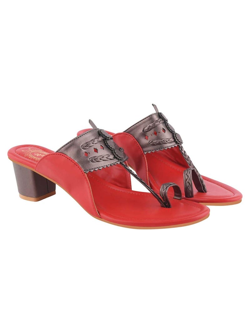 Shoetopia Women Red Sandal Block Heel Comfortable Toe Ring Slip-On Ethnic Casual Daily Footwear EU36 - Image 1