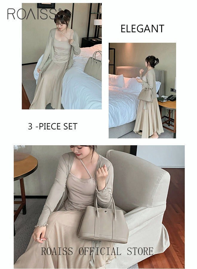 roaiss 3-Piece Women Skirt Suit Summer Skirt Japanese-Style Pleated Three-Piece Suit Women's Short-Sleeved Wrap V-Neck Blouse Flared Skirt Light Cardigan Suit - Image 4