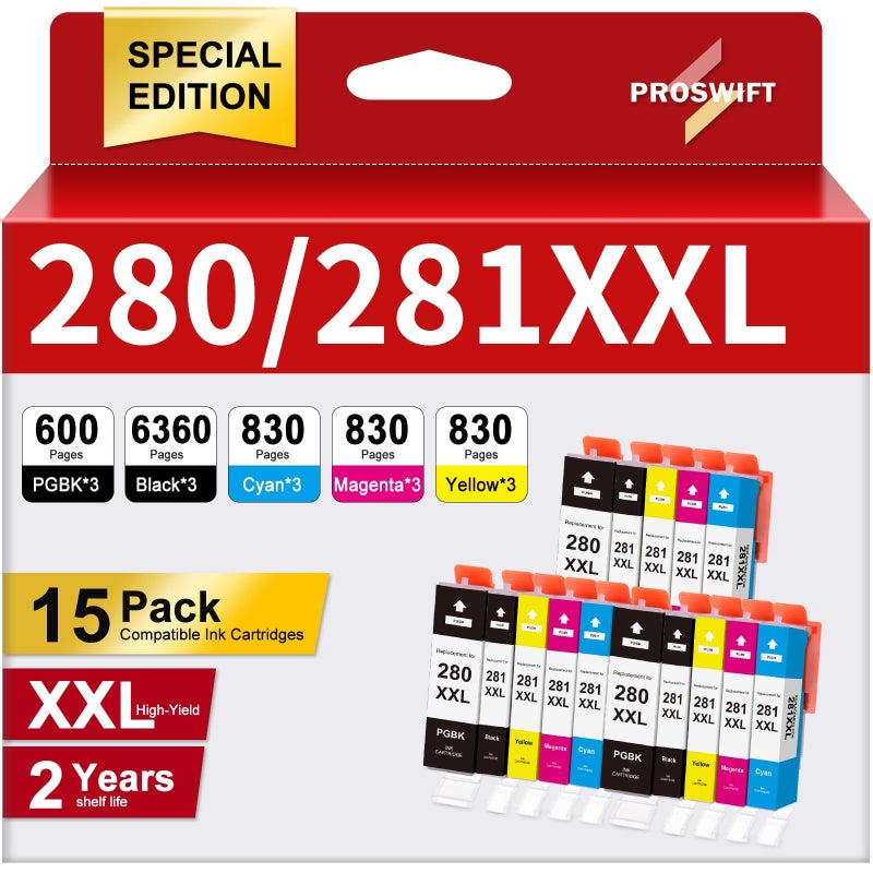 PROSWIFT 15 Pack 280 281 XXL Ink Cartridges Replacement for Canon PGI-280 281 Cartridge for Pixma TR8620a TR8620 TR8520 TR8600 TR7520 TS702a TS9520 TS9521C TS6120 TS6220 TS9120 TS6320 TS8220 (15 Pack) - Image 1