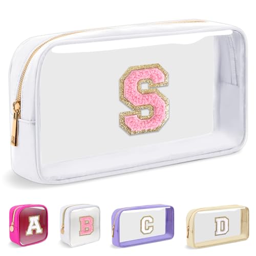 Iqimott Small Clear Personalized Initial Makeup BagNylon Preppy AZ Chenille Letter Patch Cosmetic Pouch Beach Toiletry BagWaterproof Zipper Travel Purse Storage Bag Organizer for Women GirlsWhitePink S - Image 1