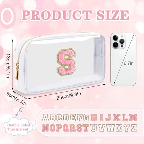 Iqimott Small Clear Personalized Initial Makeup BagNylon Preppy AZ Chenille Letter Patch Cosmetic Pouch Beach Toiletry BagWaterproof Zipper Travel Purse Storage Bag Organizer for Women GirlsWhitePink S - Image 3
