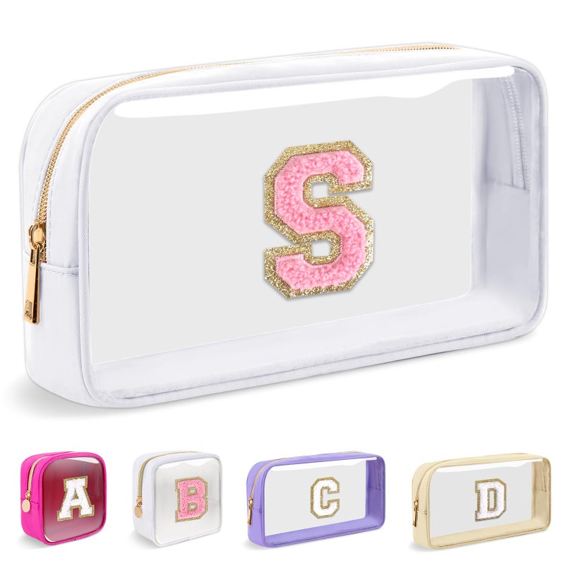 Iqimott Small Clear Personalized Initial Makeup BagNylon Preppy AZ Chenille Letter Patch Cosmetic Pouch Beach Toiletry BagWaterproof Zipper Travel Purse Storage Bag Organizer for Women GirlsWhitePink S - Image 2