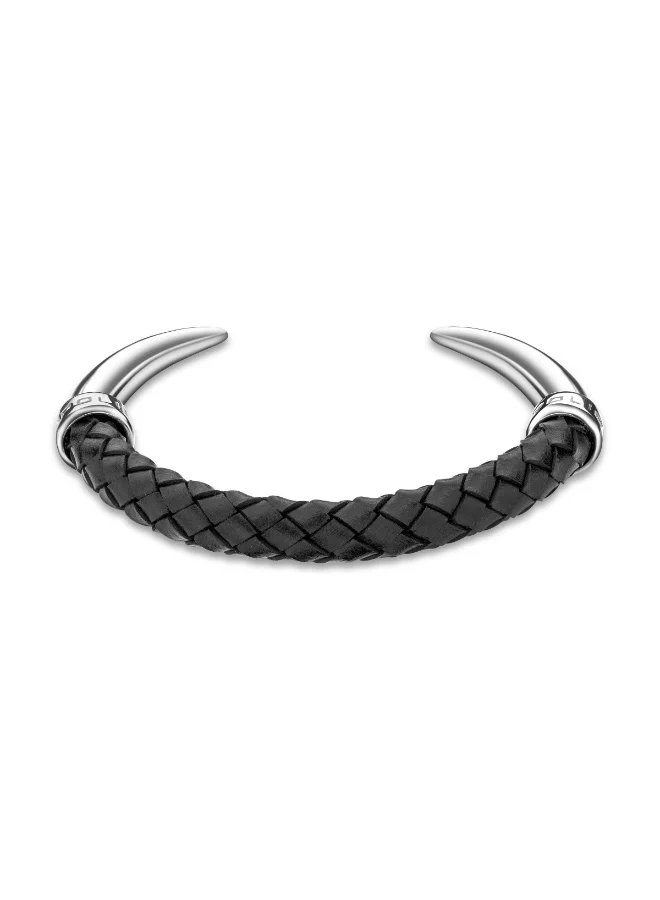 بوليس سوار مفتوح من الجلد الأسود والفضي للرجال مقاس كبير