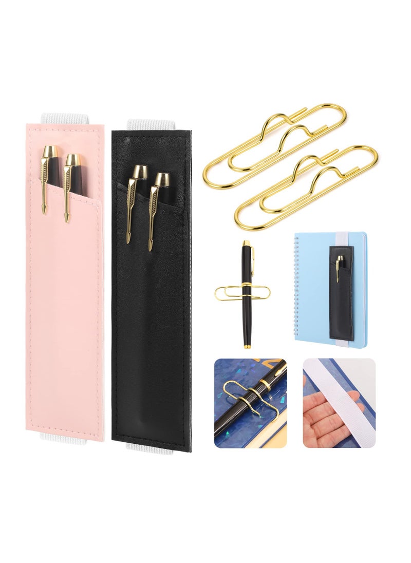 Excefore 4 Pcs Pen Holder for Notebook Set Include PU Leather Pen Holder with Adjustable Elastic Band and Metal Pen Clips for Notebooks, Journals, Planners  - Image 1