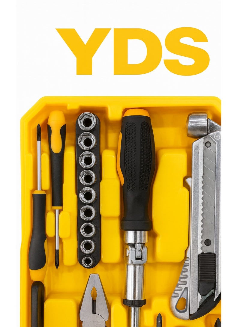 YDS 51-Piece Household Tool Set – Cr-V Socket & Bit Kit with 5m Tape Measure, 1/4" Sockets (9pcs), 25mm Bits (19pcs), Ratchet Handle, Precision & Standard Screwdrivers, 6" Combination Plier, 8" Adjustable Wrench, Claw Hammer, Utility Knife, Hex Keys & Accessories in a Durable Clear Carry Case - Image 4