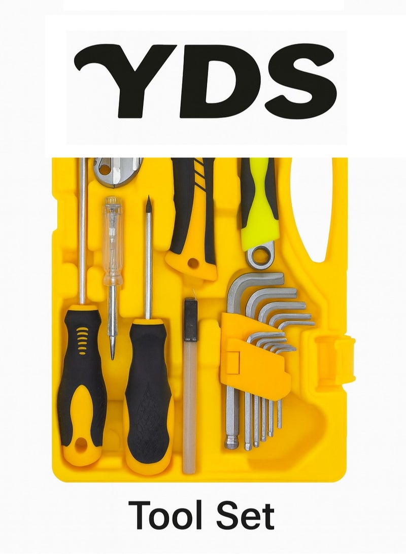 YDS 51-Piece Household Tool Set – Cr-V Socket & Bit Kit with 5m Tape Measure, 1/4" Sockets (9pcs), 25mm Bits (19pcs), Ratchet Handle, Precision & Standard Screwdrivers, 6" Combination Plier, 8" Adjustable Wrench, Claw Hammer, Utility Knife, Hex Keys & Accessories in a Durable Clear Carry Case - Image 2