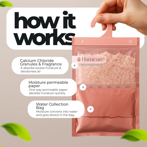 Humicure Moisture Absorber Dehumidifier | 500ml Absorption Capacity | Prevents Mold, Dampness & Odor in Wardrobe, Bathroom, Kitchen & Bedroom | 220g x 6 (Fragrance Combo) - Image 2