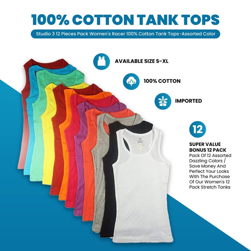 Studio 3 12 Pieces Pack Women's Ribbed 100% Cotton Tank Tops-Assorted Color, Racer Back, Small - Image 3