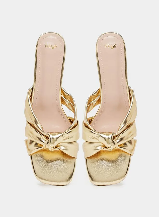 Styli Metallic Cross Knot Strap Kitten Heel Sandals