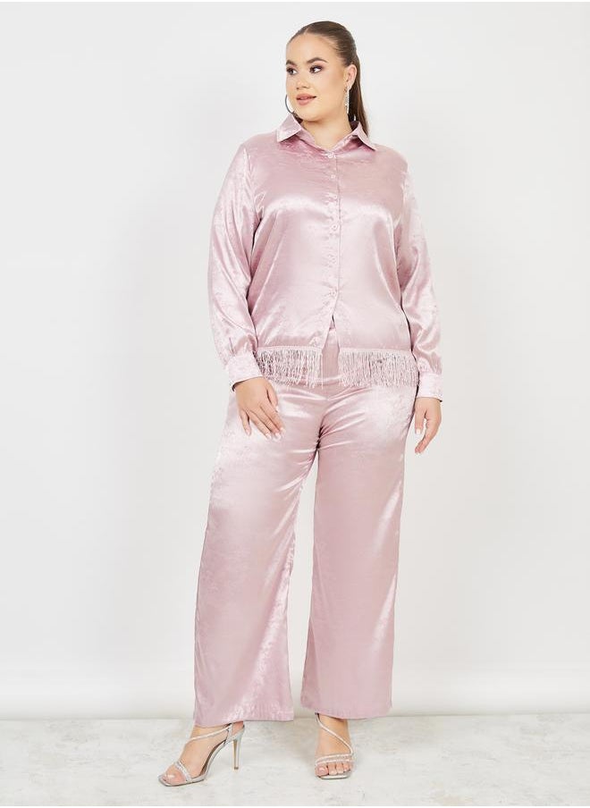 Styli Plus Satin Jacquard Tassel Hem Shirt and Wide Leg Pant with Self Tie Up Set  - Image 3
