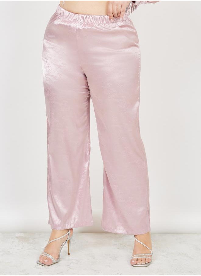 Styli Plus Satin Jacquard Tassel Hem Shirt and Wide Leg Pant with Self Tie Up Set  - Image 5