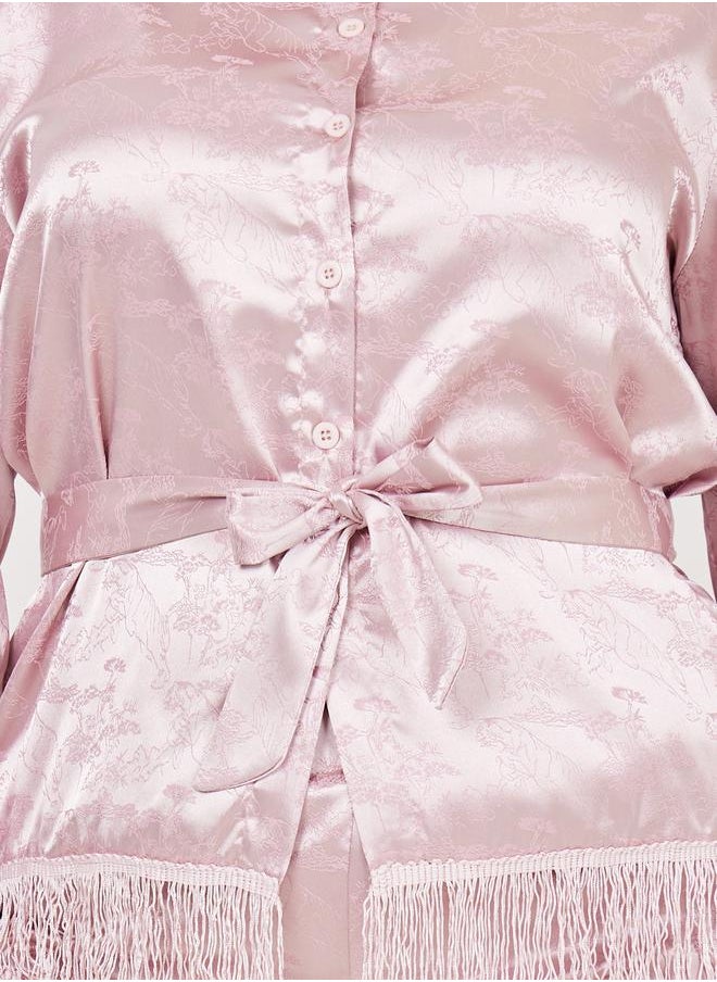 Styli Plus Satin Jacquard Tassel Hem Shirt and Wide Leg Pant with Self Tie Up Set  - Image 4