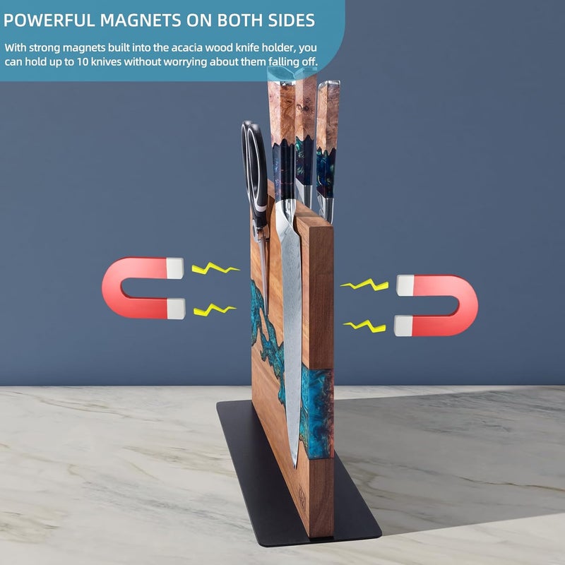 FINDKING Magnetic Knife Block, Double Sided Holder, Powerful Magnet Kitchen Storage, Acacia Wood and Blue Resin (12 x 10 Inches, Without Knives) - Image 4