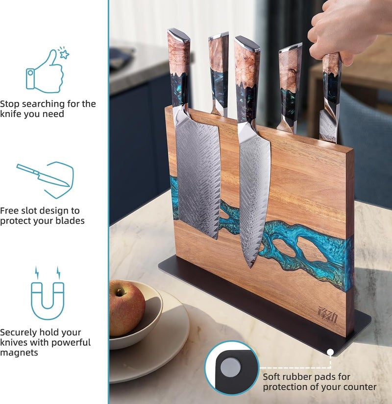 FINDKING Magnetic Knife Block, Double Sided Holder, Powerful Magnet Kitchen Storage, Acacia Wood and Blue Resin (12 x 10 Inches, Without Knives) - Image 3