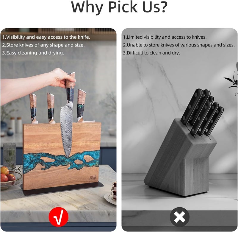 FINDKING Magnetic Knife Block, Double Sided Holder, Powerful Magnet Kitchen Storage, Acacia Wood and Blue Resin (12 x 10 Inches, Without Knives) - Image 5