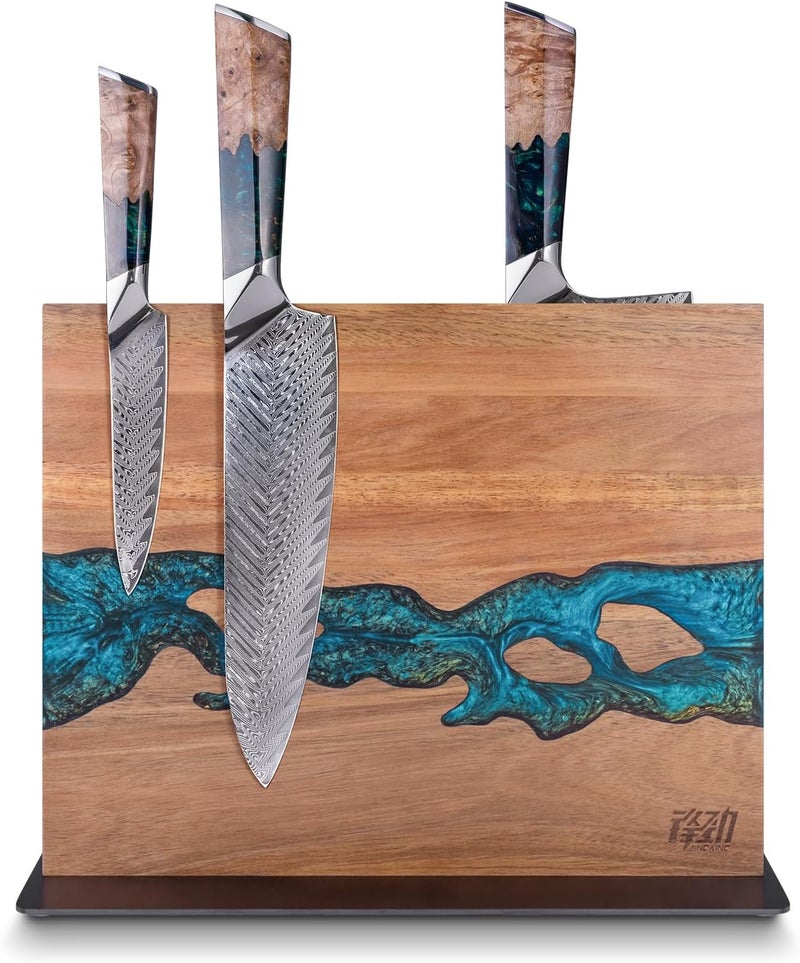 FINDKING Magnetic Knife Block, Double Sided Holder, Powerful Magnet Kitchen Storage, Acacia Wood and Blue Resin (12 x 10 Inches, Without Knives) - Image 1