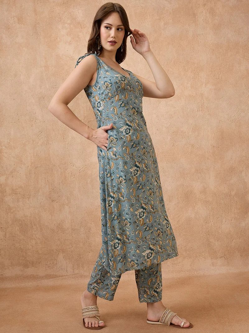 globus Women Floral Print V-Neck Tie-Up Sleeves A-Line Kurta & Straight Pants Fusion Set