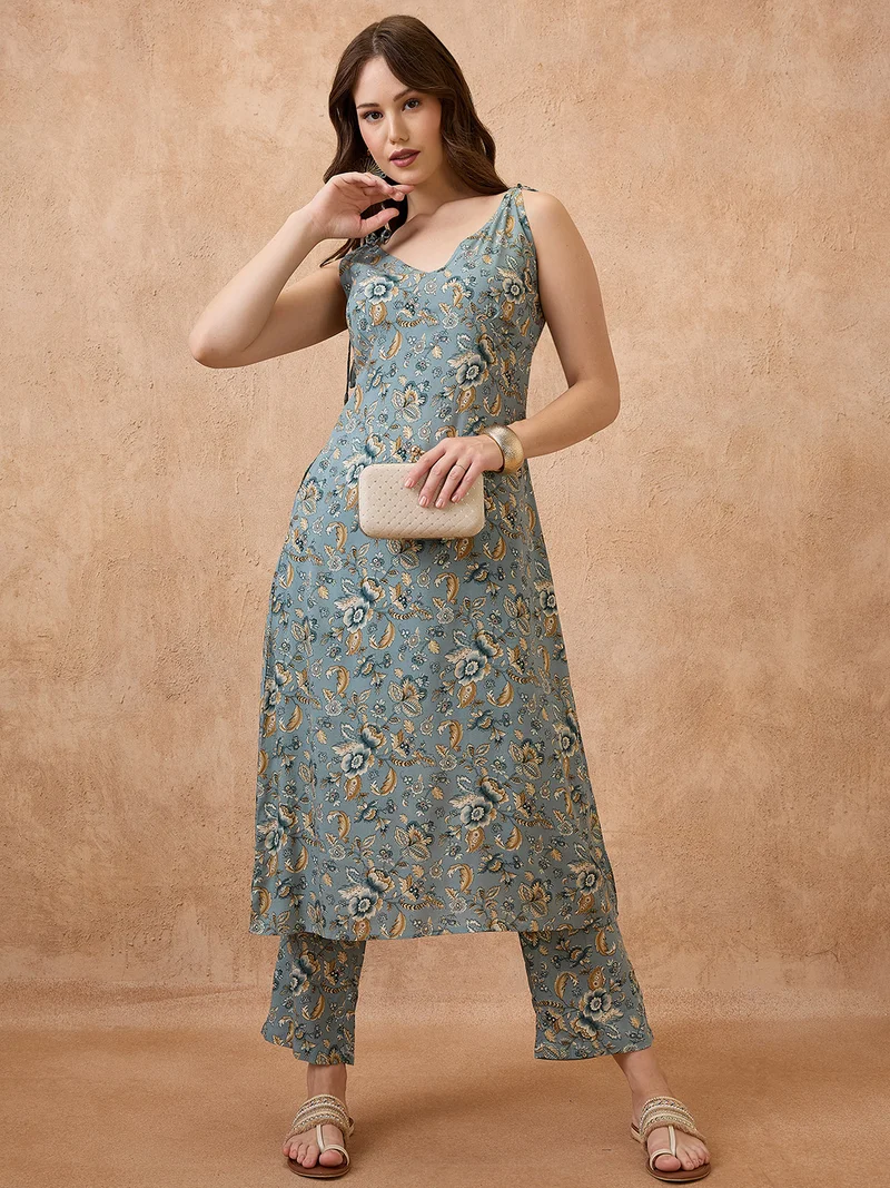 globus Women Floral Print V-Neck Tie-Up Sleeves A-Line Kurta & Straight Pants Fusion Set