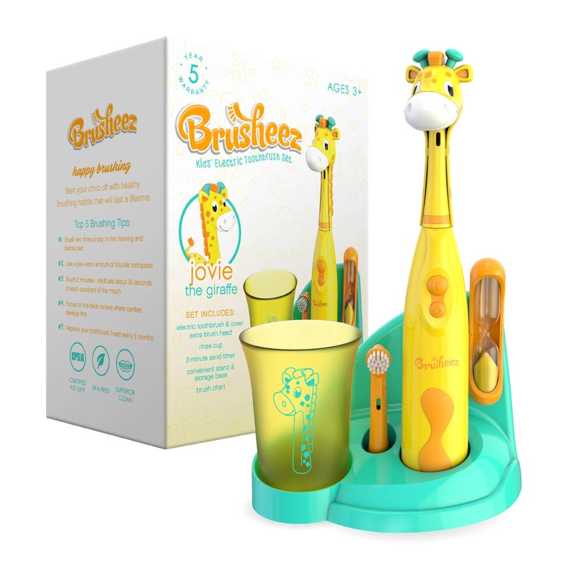 Brusheez Kidsâ€™ Electric Toothbrush Set - Safe & Effective for Ages 3+ - Parent Tested & Approved with Gentle Bristles, 2 Brush Heads, Rinse Cup, 2-Minute Timer, & Storage Base (Jovie The Giraffe) - Image 1