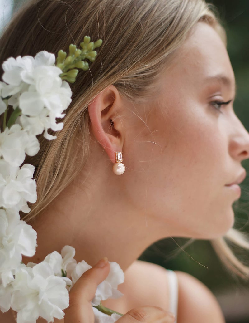 PEARLADA 18k Gold Shell Pearl Drop Earrings Emerald Cut Cubic Zirconia Halo Stud Earrings Trendy Dainty Wedding Jewelry Elegant for Bridal - Image 3