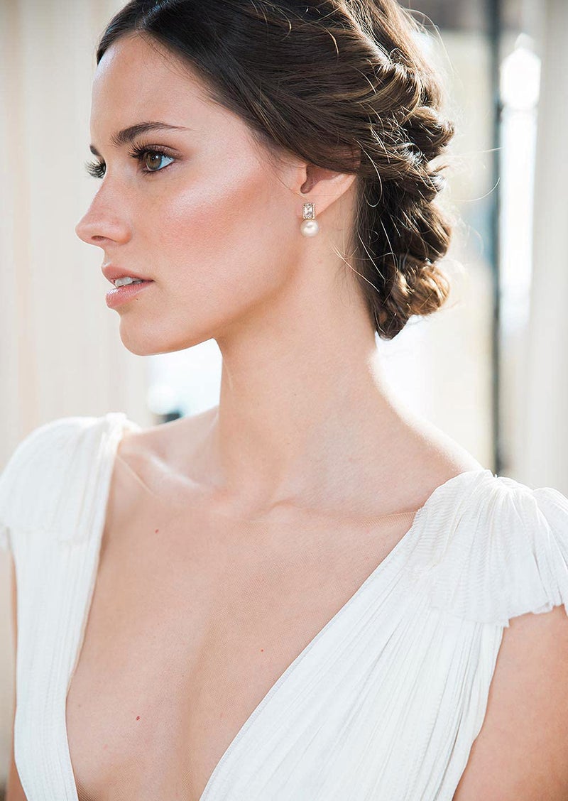 PEARLADA 18k Gold Shell Pearl Drop Earrings Emerald Cut Cubic Zirconia Halo Stud Earrings Trendy Dainty Wedding Jewelry Elegant for Bridal - Image 2