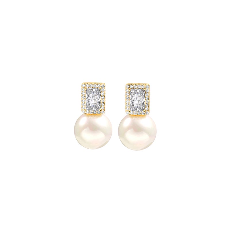PEARLADA 18k Gold Shell Pearl Drop Earrings Emerald Cut Cubic Zirconia Halo Stud Earrings Trendy Dainty Wedding Jewelry Elegant for Bridal - Image 1