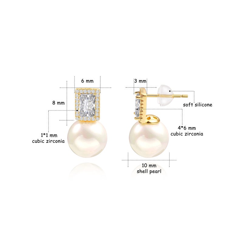 PEARLADA 18k Gold Shell Pearl Drop Earrings Emerald Cut Cubic Zirconia Halo Stud Earrings Trendy Dainty Wedding Jewelry Elegant for Bridal - Image 4