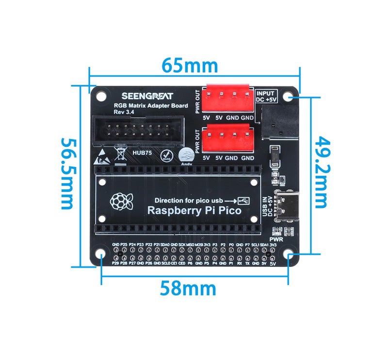 XICOOLEE RGB Matrix Adapter Board Converter for Raspberry Pi Motherboards and for Raspberry Pi Pico 1 HUB75 Interface 2 Power Input Connectors Type-C 5V/4A and DC-044 5V/8A - Image 5