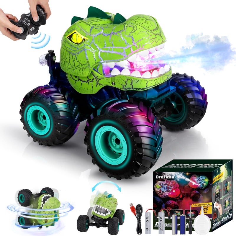 Drefirsa Remote Control Car for Boys Age 47 812 50min Runtime Dinosaur Monster Truck Toy with Spray Light Music Stunts Birthday Gift for Boy 3 4 5 6 7 8 9 10 Year Old - Image 2