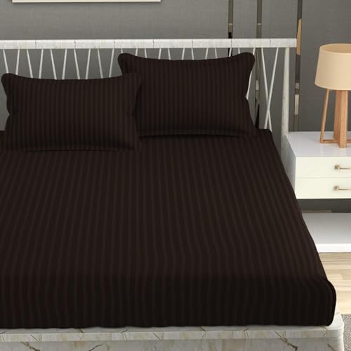 Blue Strip 220 TC Glace Cotton Satin Stripes Plain King Size Bedsheet for Double Bed with Two Pillow Covers for Home/Hotels/Guest House,Size-90x90 Inches(Flat) (Coffee) - Image 1